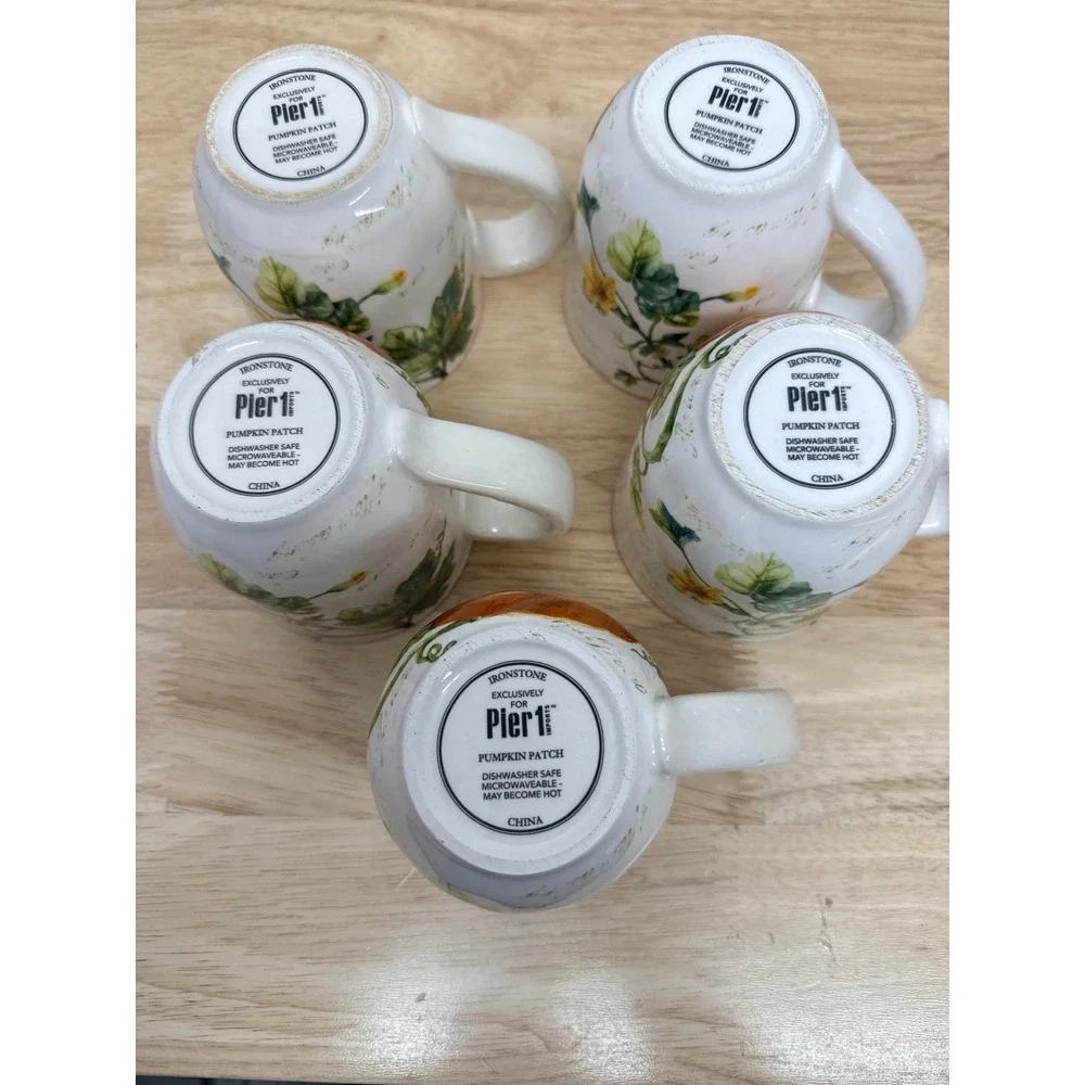 Pier 1 Imports Pumpkin Patch Ironstone Mugs Set of 5 Fall Harvest Coffee Cups#68